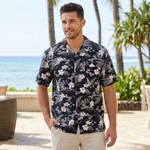 La Cabana Mens M Hawaiian Shirt Linen Blend Black Floral Hibiscus Aloha Camp